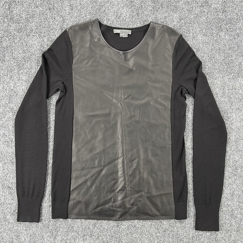 Vince Sweater Womens XS Black Lamb Leather Front‎ Wool Knit Crew Pullover
